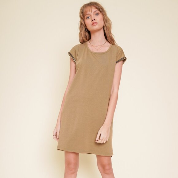 HEM & THREAD Camel T-Shirt Dress, Casual Relaxed Fit with Sequin Trim Sleeves - Picture 3 of 6